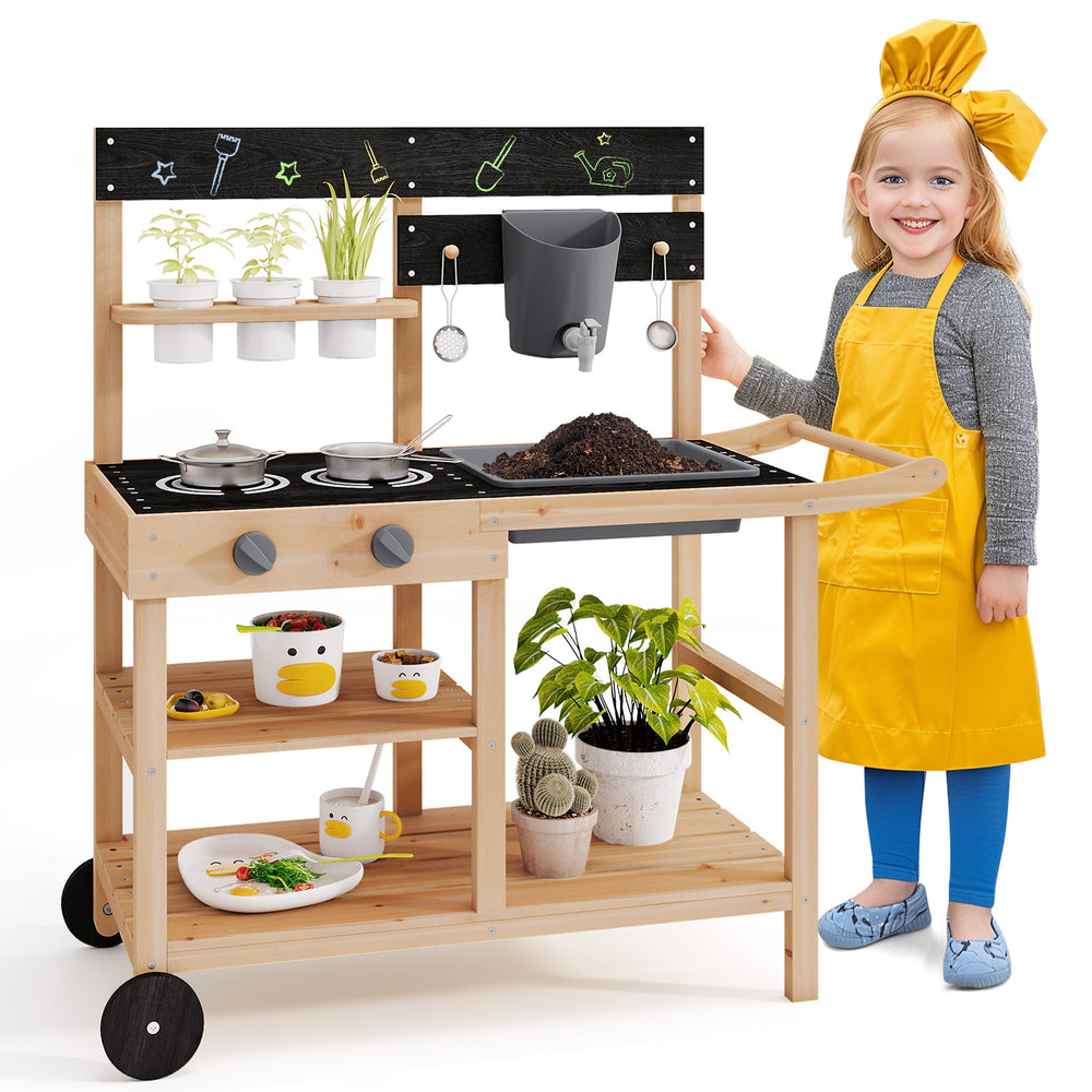 Outdoor fir wood play kitchen with blackboard, planting pots, and removable sink for imaginative cooking and gardening.