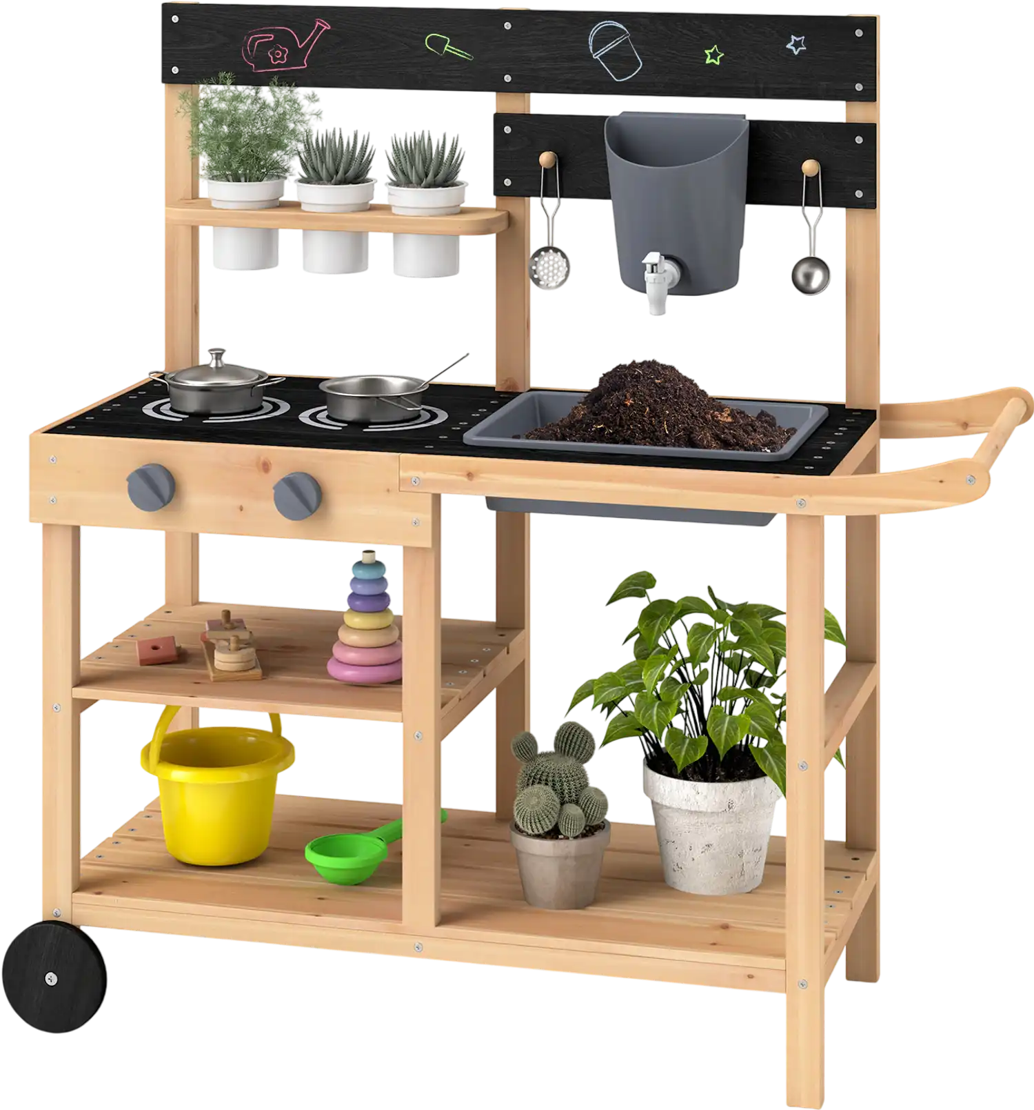 Costway Outdoor Fir Wood Play Kitchen Blackboard Planting Pots 839457612 New