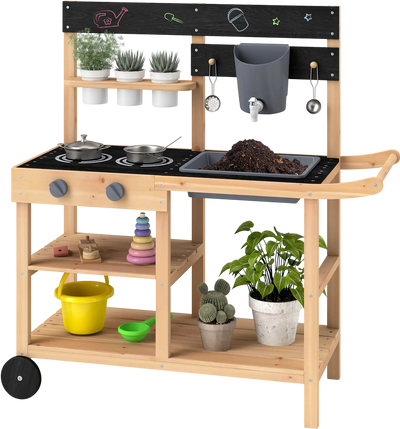 Costway Outdoor Fir Wood Play Kitchen Blackboard Planting Pots 839457612 New
