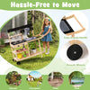 Outdoor fir wood play kitchen with blackboard, planting pots, and smooth wheels for easy movement in the garden.