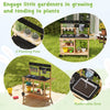 Outdoor fir wood play kitchen with removable sink and 3 planting pots for kids' gardening fun and imaginative play.
