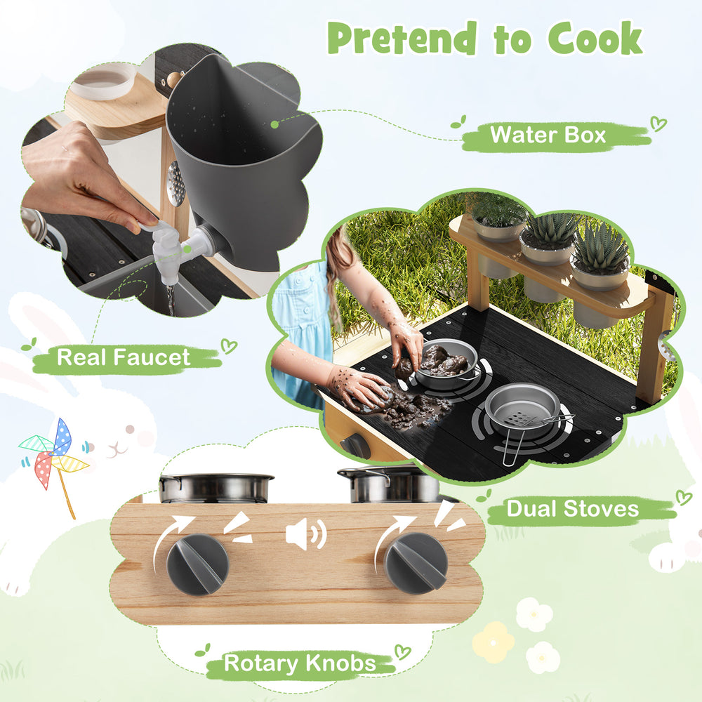 Outdoor fir wood play kitchen featuring dual stoves, real faucet, and planting pots for imaginative cooking and.