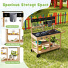 Outdoor fir wood play kitchen with blackboard, featuring 2-tier open shelf, planting pots, and hanging hooks for.