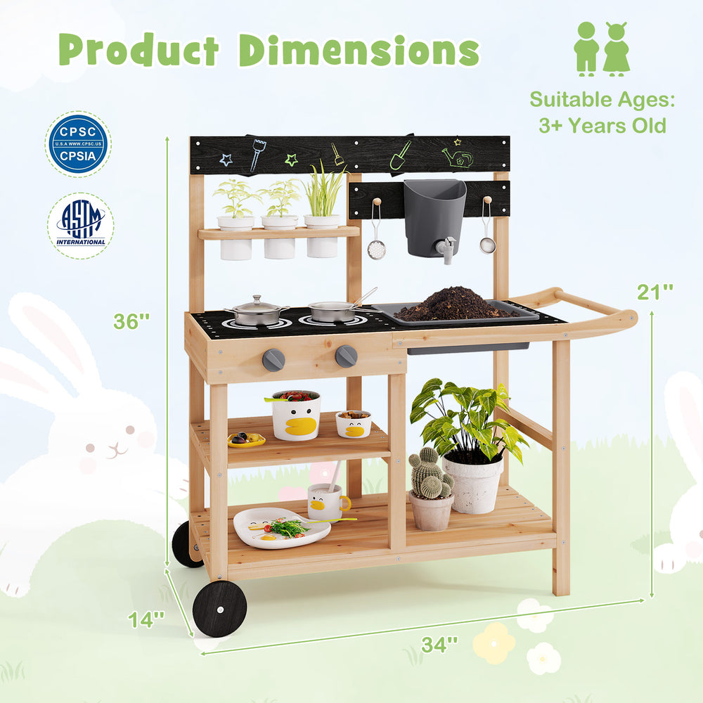 Outdoor fir wood play kitchen showcasing detailed dimensions, perfect for kids aged 3 and up to enjoy creative play.