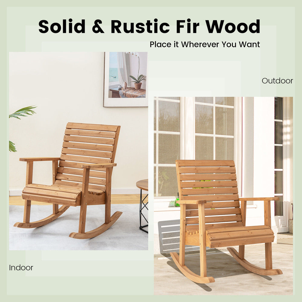 Outdoor fir wood rocking chair with high backrest, featuring wide armrests, perfect for patio and indoor relaxation.