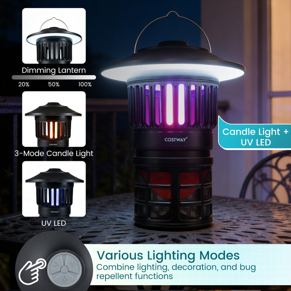 Outdoor fly trap with light featuring UV LED, dimming lantern, and candle light modes for effective bug repellent.