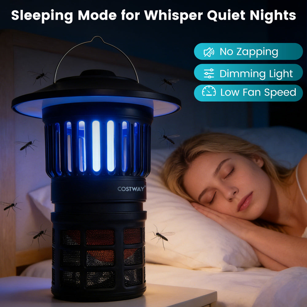 Outdoor fly trap with light in sleeping mode, featuring low fan speed and dimming light for quiet nights.