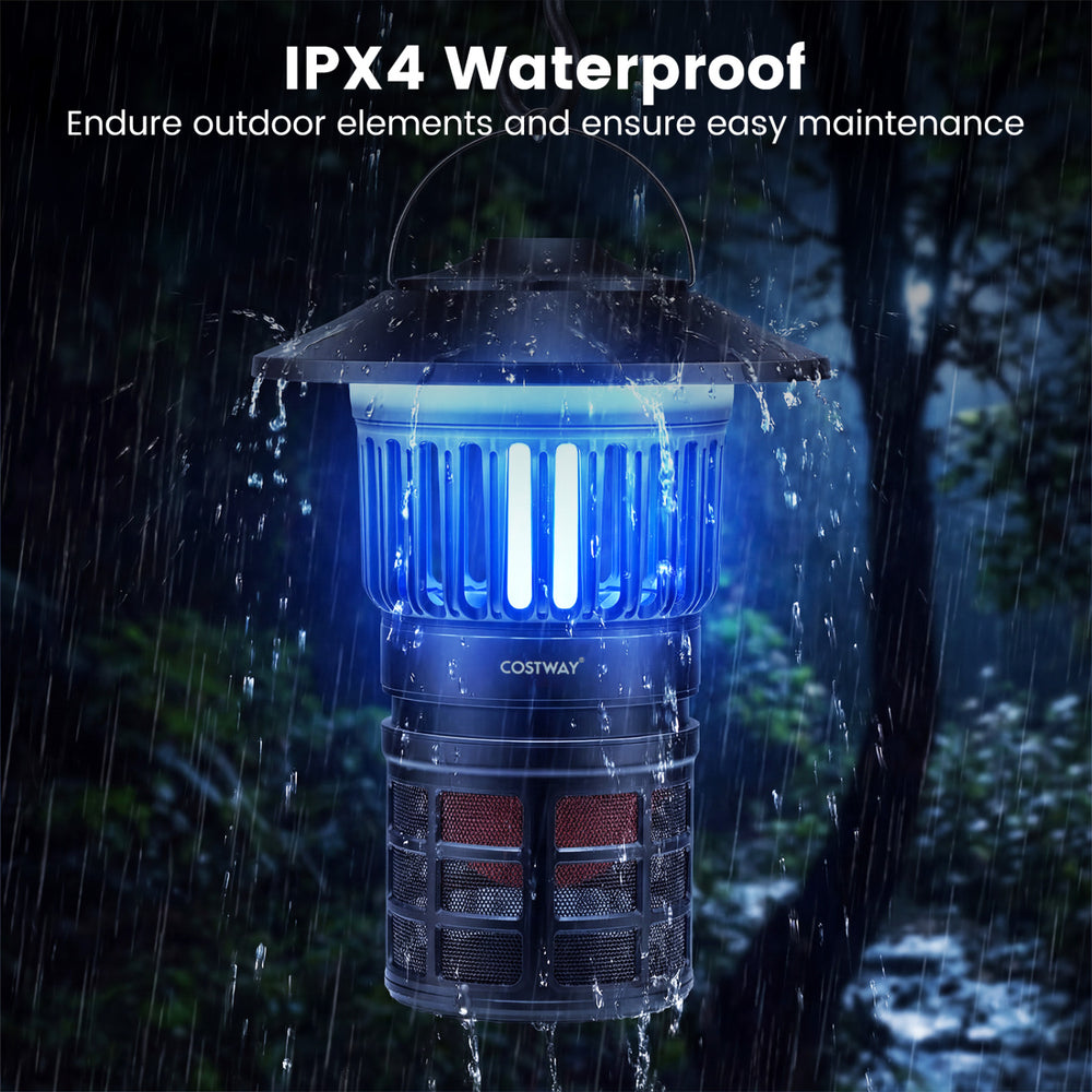 Outdoor fly trap with light, IPX4 waterproof, rechargeable, effective against bugs, ideal for patios and camping.