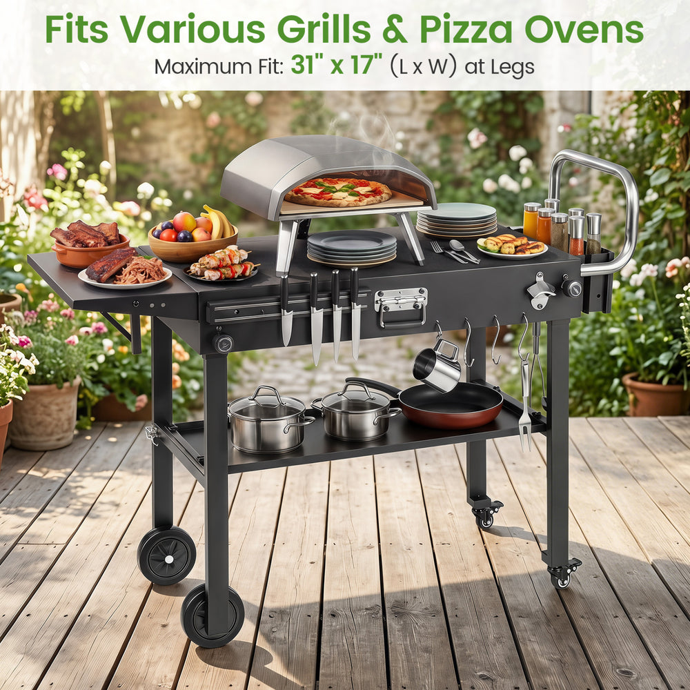 Outdoor grill cart with a 31” x 17” heat-resistant tabletop, perfect for various grills and pizza ovens during outdoor cooking.
