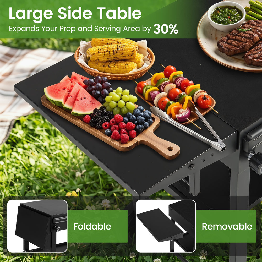 Large side table for outdoor grill cart with foldable design, heat-resistant surface, and extra prep space for cooking.