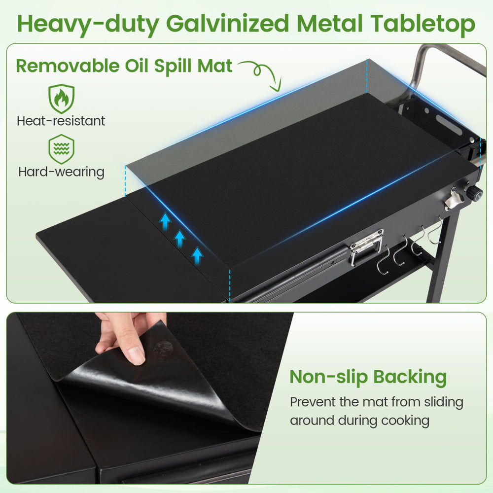 Heavy-duty galvanized metal tabletop with removable oil spill mat for easy cleanup during outdoor grilling.
