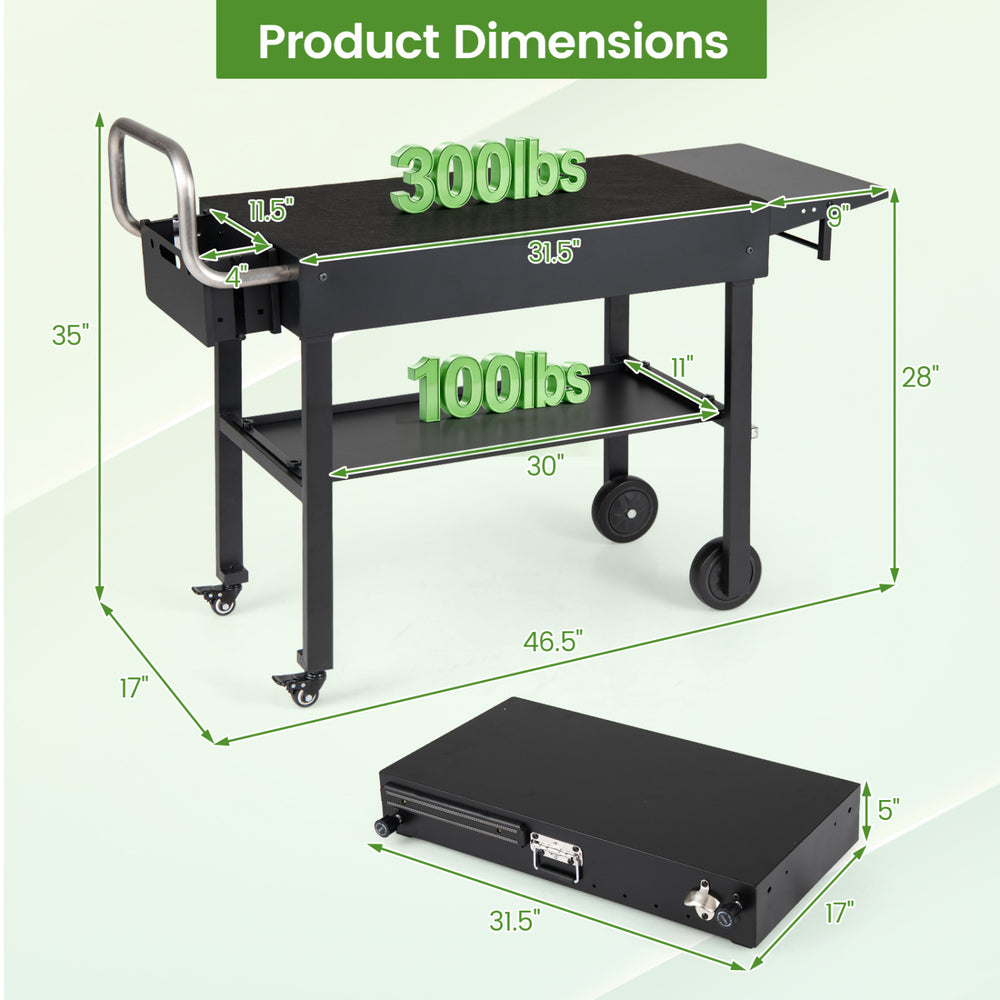 Foldable outdoor grill cart with a 31” x 17” tabletop, 300 lbs capacity, and convenient storage for grilling essentials.