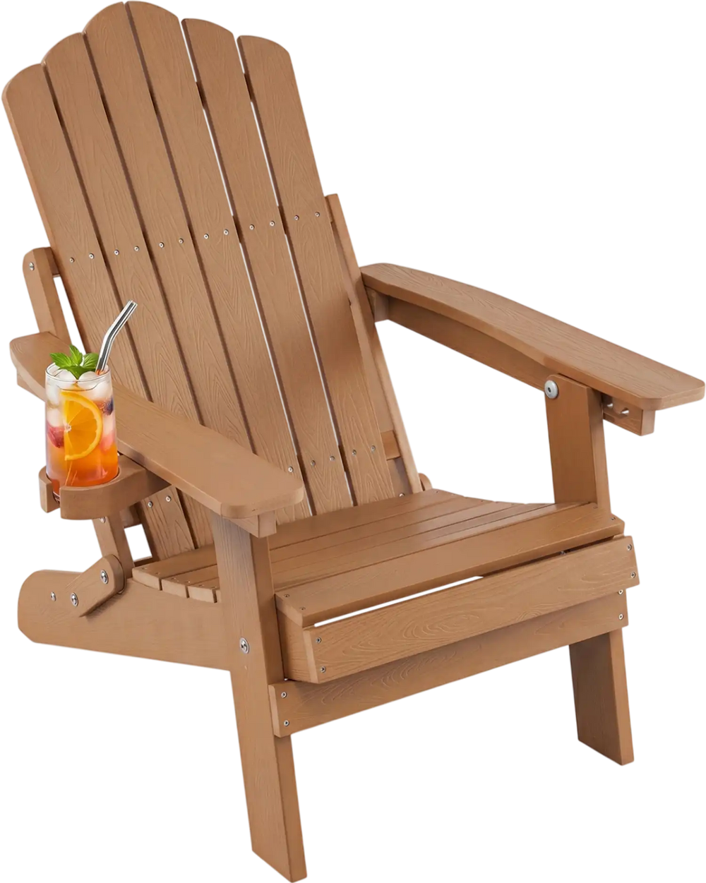 Outdoor folding Adirondack chair in coffee color features a cup holder and adjustable 5-level backrest for comfort.