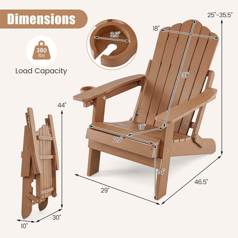 Folding design of the coffee Outdoor Adirondack Chair allows for easy storage, featuring a high backrest and cup holder.