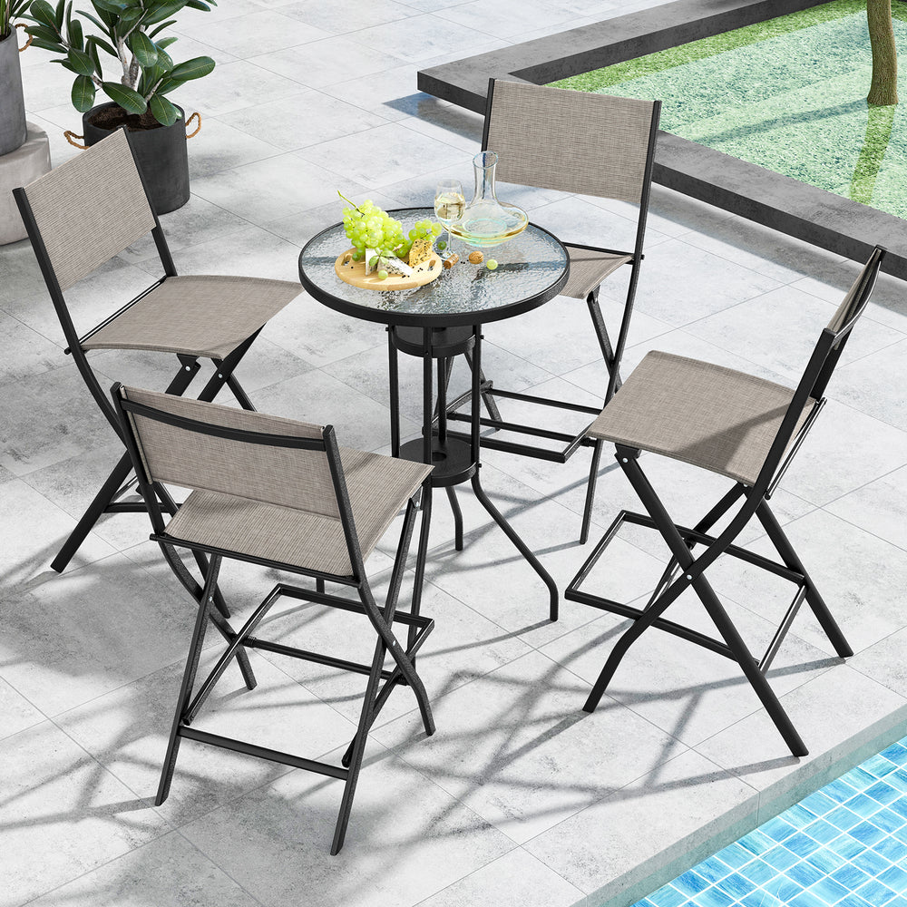 Outdoor folding bar height stool set of 4 with metal frame, featuring breathable fabric and compact storage for easy.