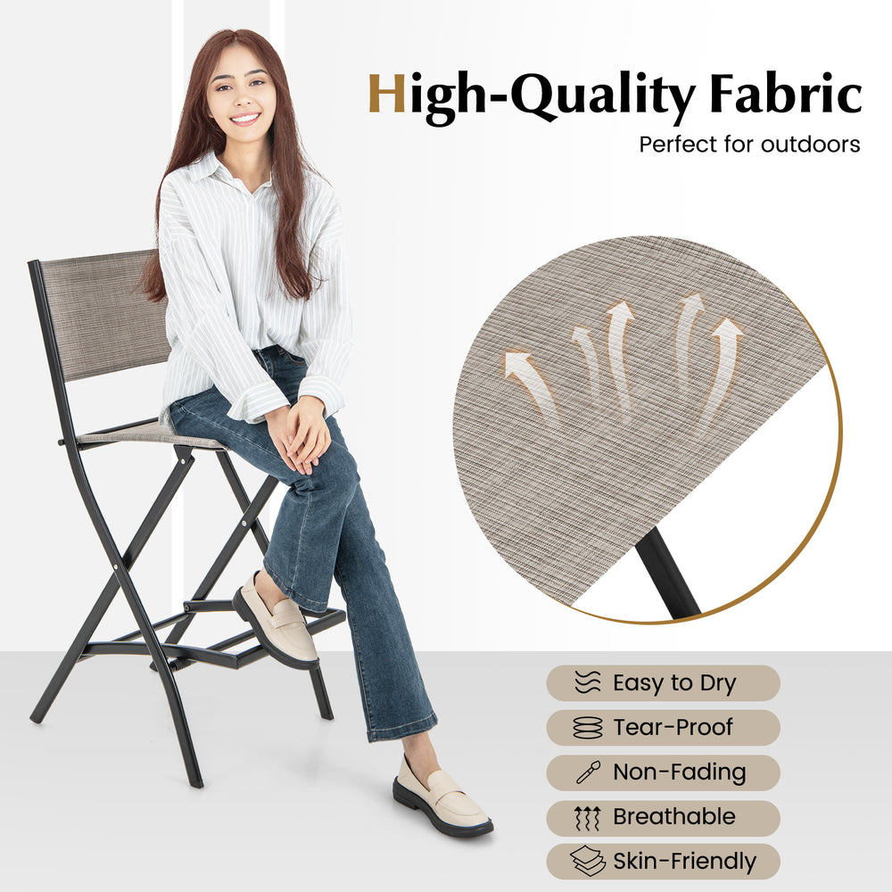 Outdoor folding bar height stool set of 4 with a sturdy metal frame, featuring breathable, tear-proof fabric for.