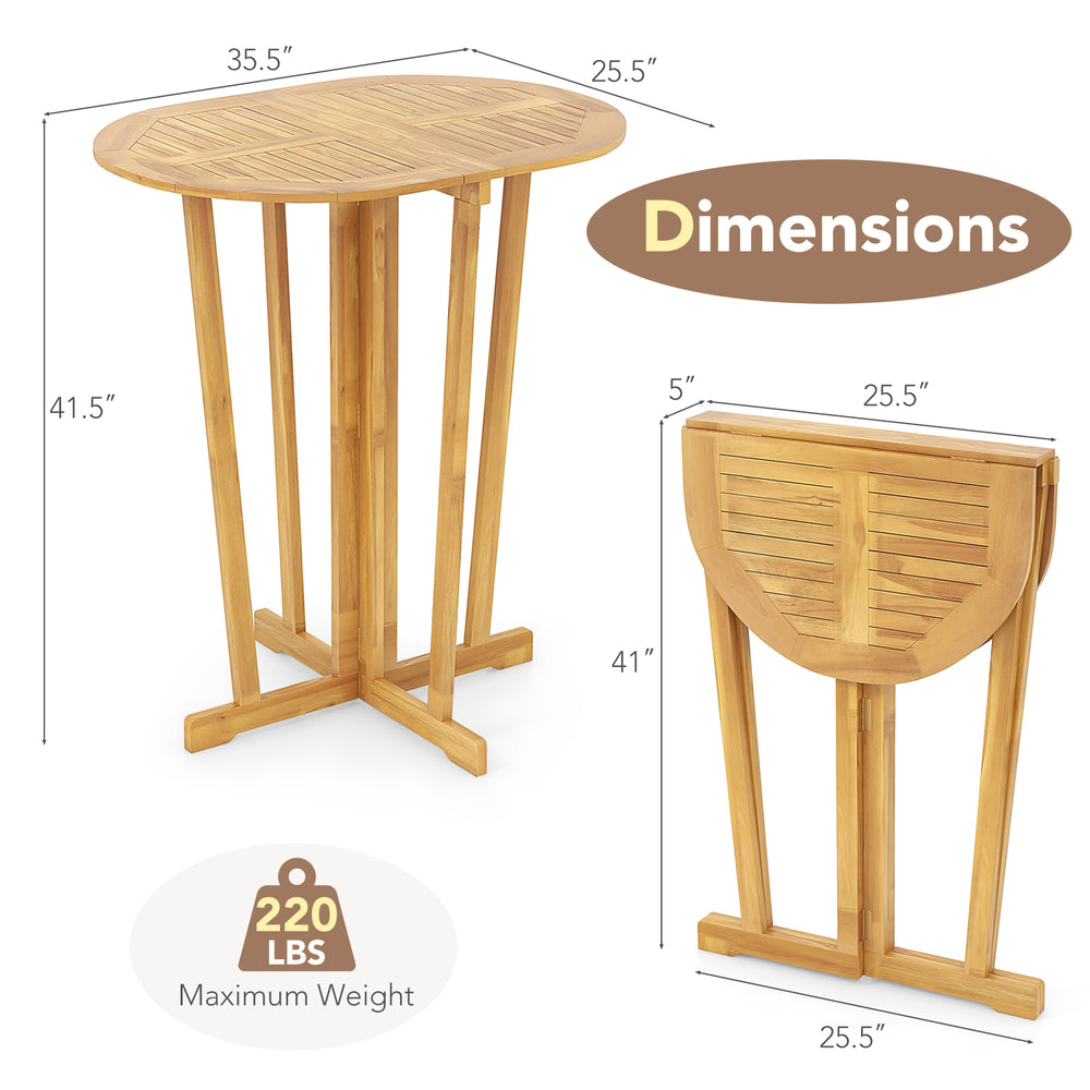 Outdoor folding bar table with oval teak wood tabletop and cross base, featuring a space-saving design for easy storage.