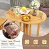 Solid teak wood bistro table with oval tabletop, slatted surface, and folding design for indoor and outdoor use.