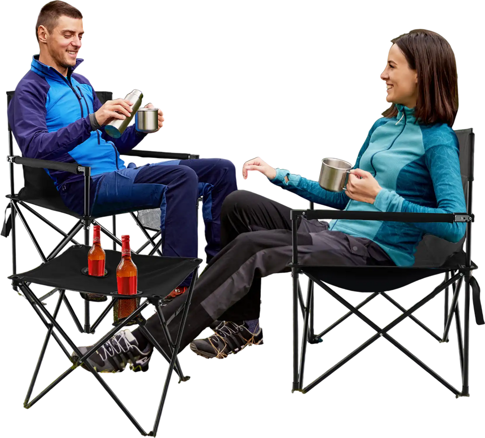 Outdoor folding camping chairs and table set in black, featuring durable fabric and side pockets, ideal for outdoor.