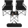 Outdoor folding camping chairs and table set in black, featuring durable fabric and convenient carrying bag for easy.