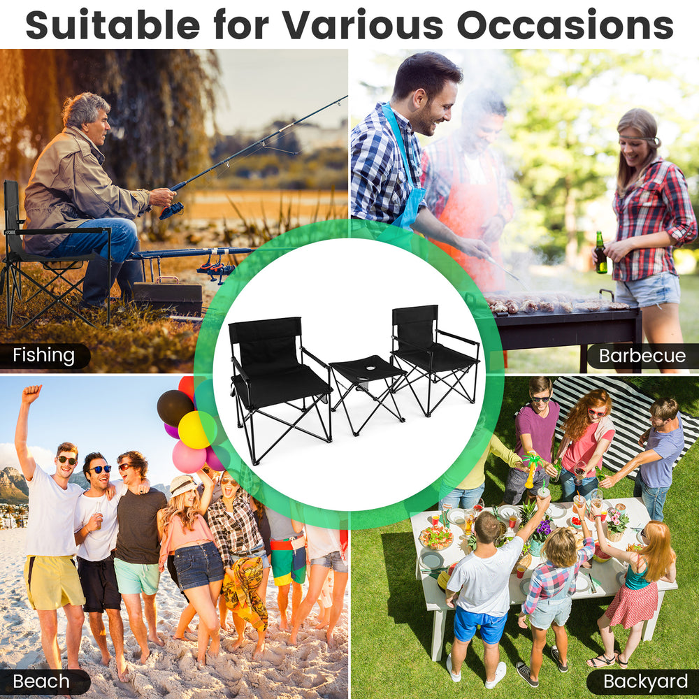 Outdoor folding camping chairs and table set in black, featuring durable fabric and high weight capacity for versatile.