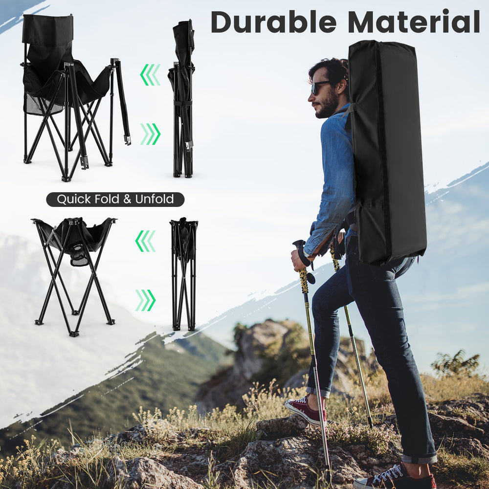 Black outdoor folding camping chair set with carrying bag, featuring durable 600D polyester and quick fold design for.