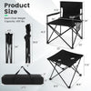 Black outdoor folding camping chairs and table set with carrying bag, featuring durable 600D polyester and high weight.