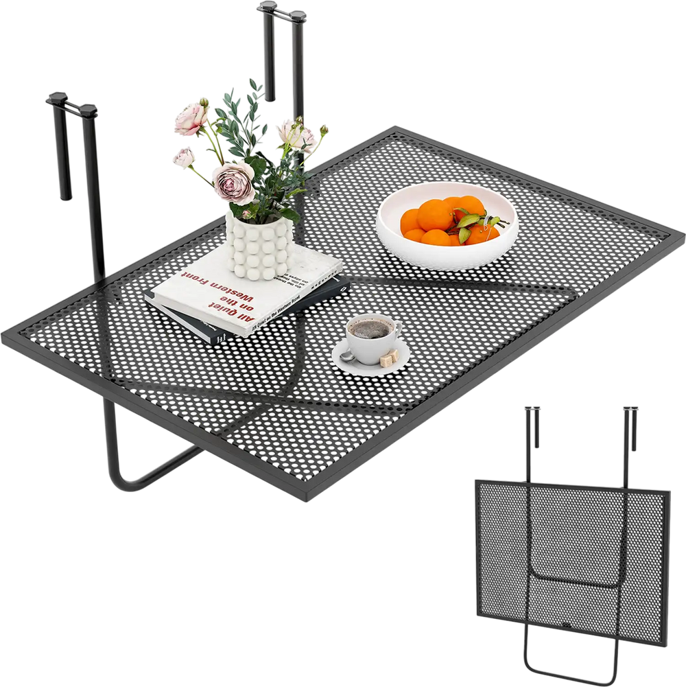 Folding hanging table with metal frame in black, featuring a spacious tabletop for outdoor use and adjustable hooks.