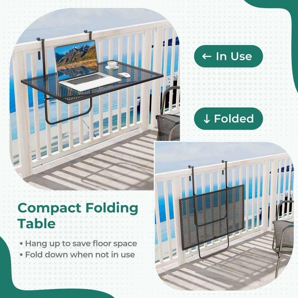 Compact folding table with metal frame in black, shown in use on a balcony railing, ideal for saving space outdoors.