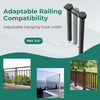 Outdoor folding hanging table with black metal frame, adjustable hooks for railing compatibility, perfect for small.