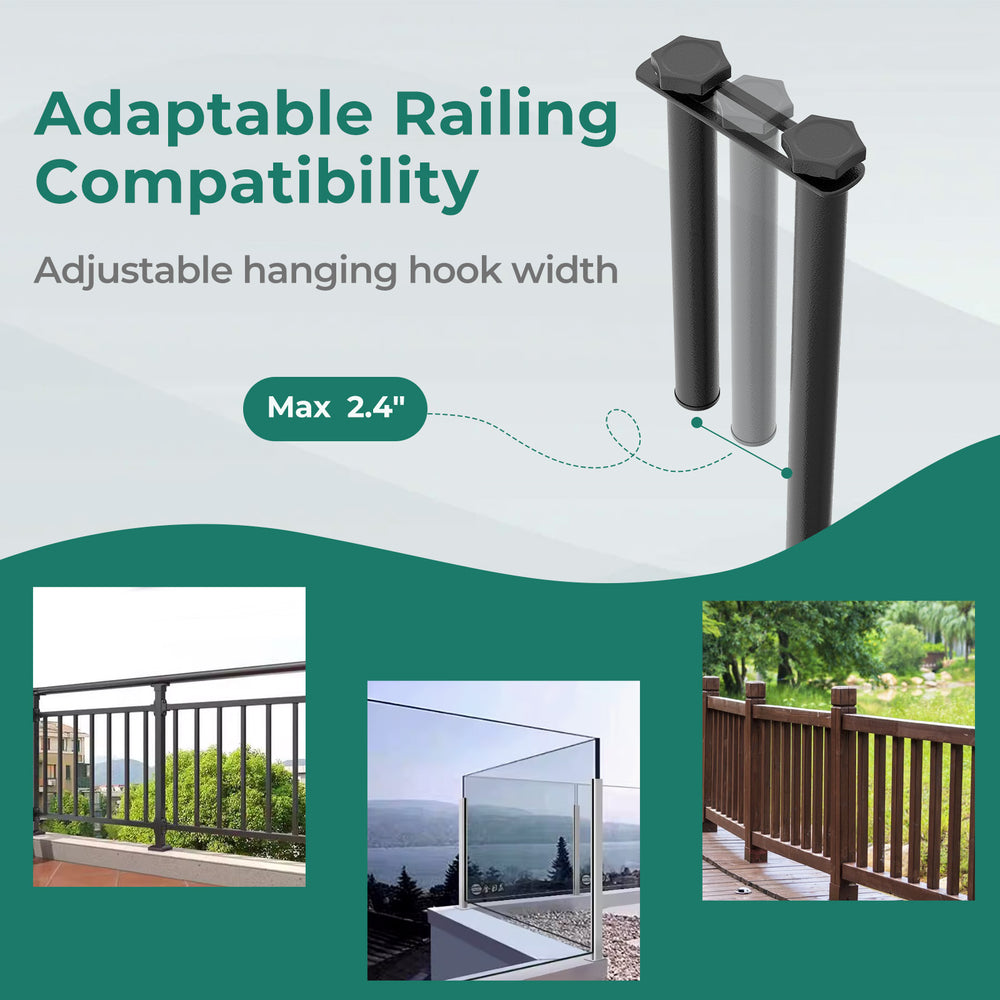 Outdoor folding hanging table with black metal frame, adjustable hooks for railing compatibility, perfect for small.