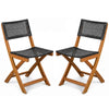 Set of 2 outdoor folding chairs featuring a sturdy acacia wood frame and breathable black PE rattan for patio use.