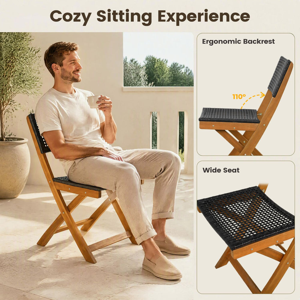 Outdoor folding chair featuring a sturdy acacia wood frame and ergonomic backrest, perfect for patio relaxation.