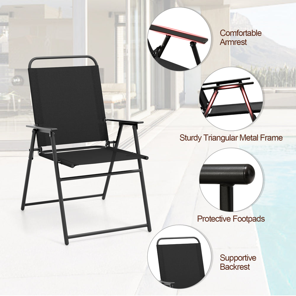 Black outdoor folding sling chair with armrest and backrest, featuring a sturdy metal frame for comfortable seating.