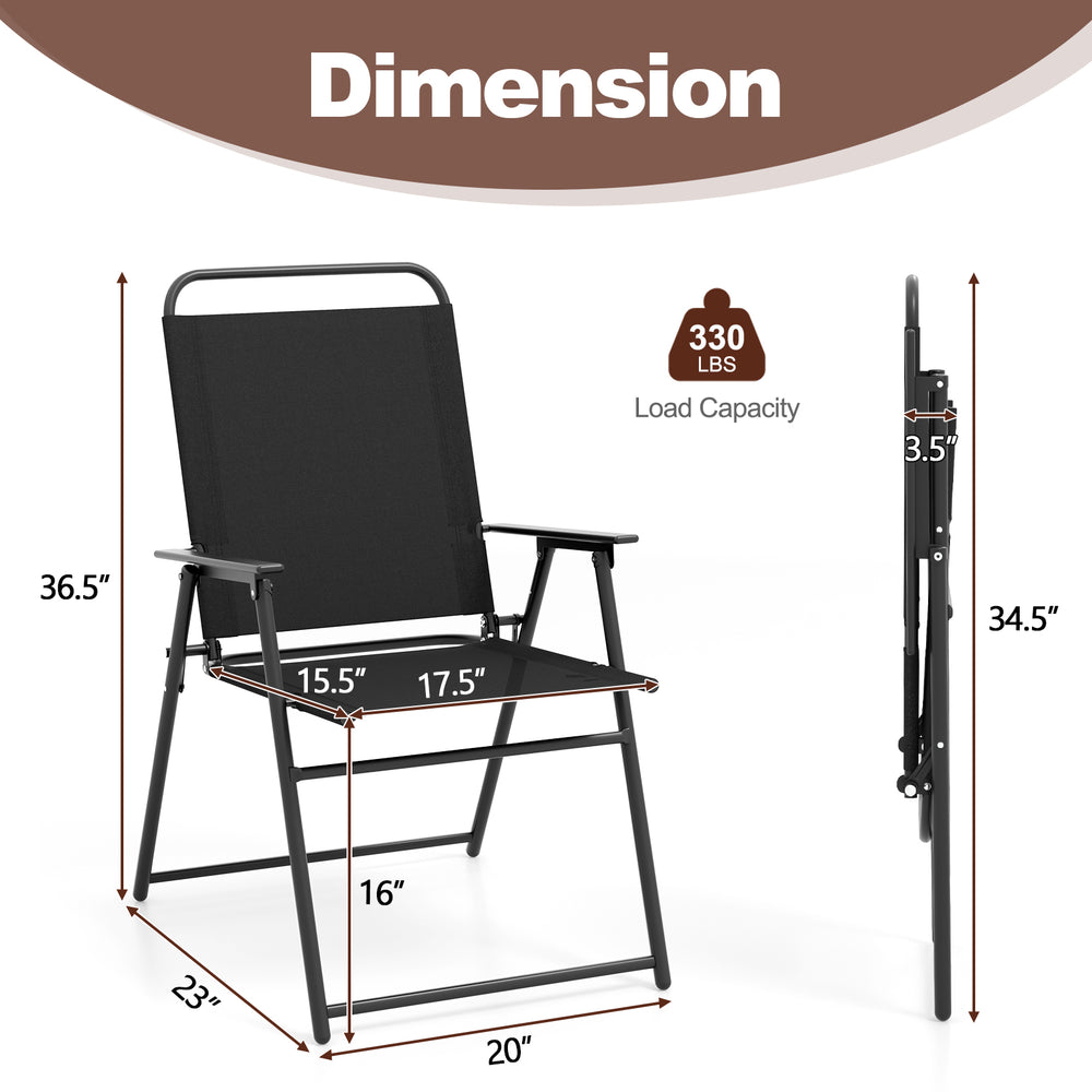 Black outdoor folding sling chair dimensions with armrest, 330 lbs capacity, ideal for convenient storage and outdoor.