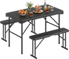 Outdoor folding table and bench set in black with weather-resistant HDPE tabletop, ideal for picnics and camping.