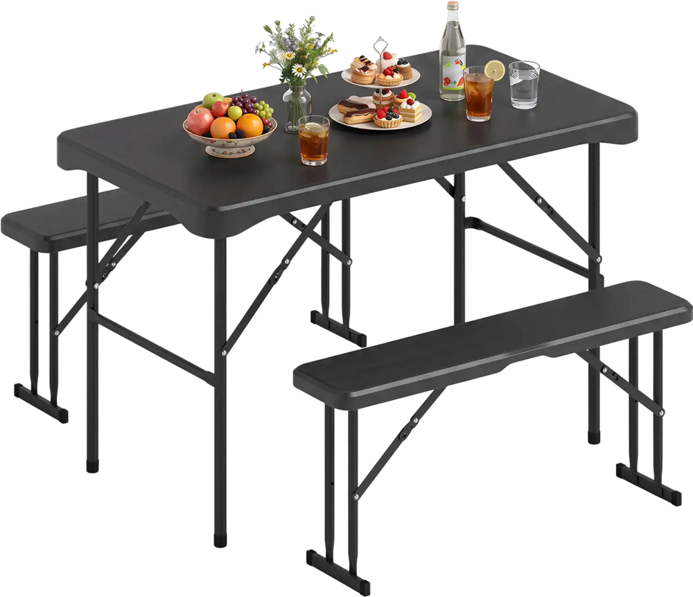Outdoor folding table and bench set in black with weather-resistant HDPE tabletop, ideal for picnics and camping.