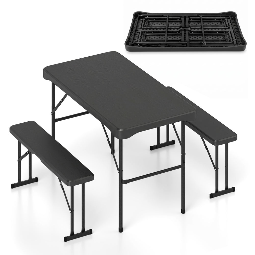 Black outdoor folding table with sturdy metal frame and HDPE surface, perfect for versatile use during outdoor events.