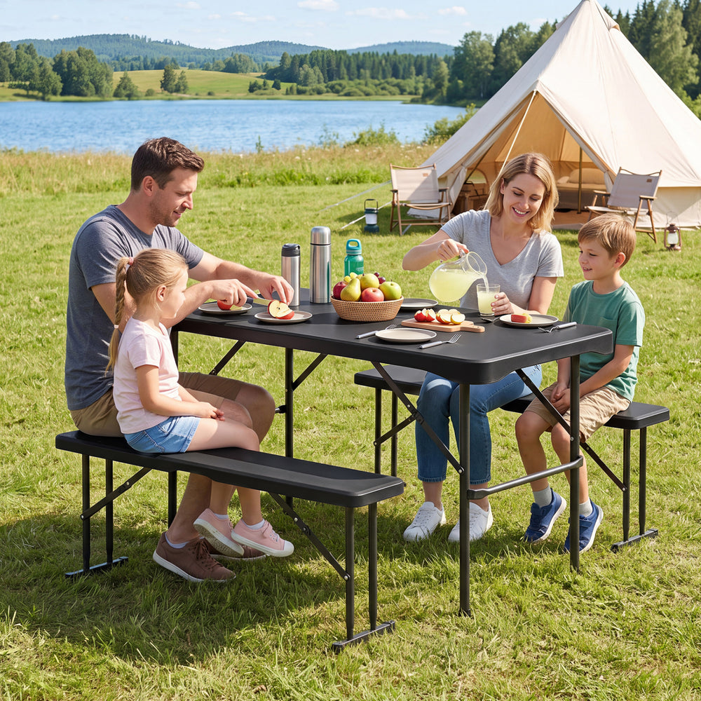 Outdoor folding table and bench set with weather-resistant HDPE tabletop, perfect for camping and outdoor dining.