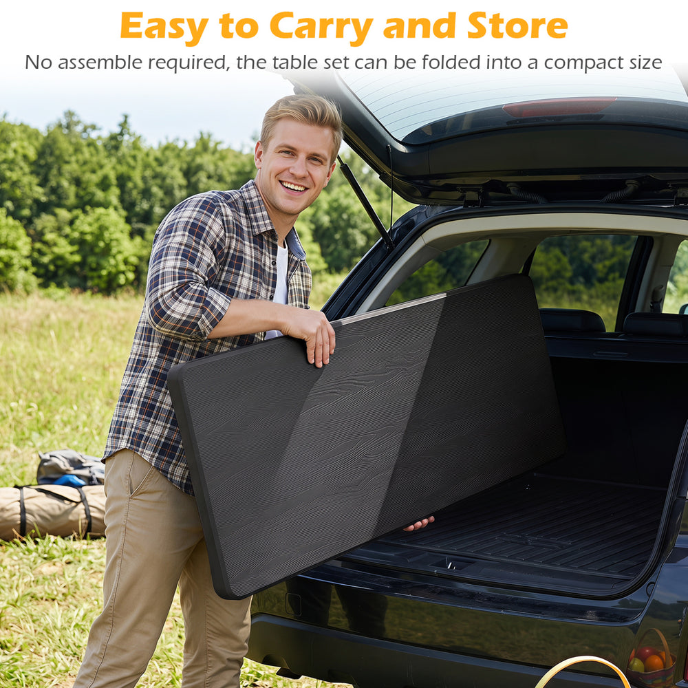 Outdoor folding table bench set with black HDPE tabletop, easily stored in a car for picnics and camping.