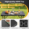 Outdoor folding table with all-weather HDPE tabletop, sturdy metal frame, and elegant wood grain design for versatile use.