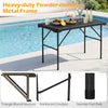 Outdoor folding table with a black HDPE tabletop and sturdy metal frame, ideal for picnics and camping.