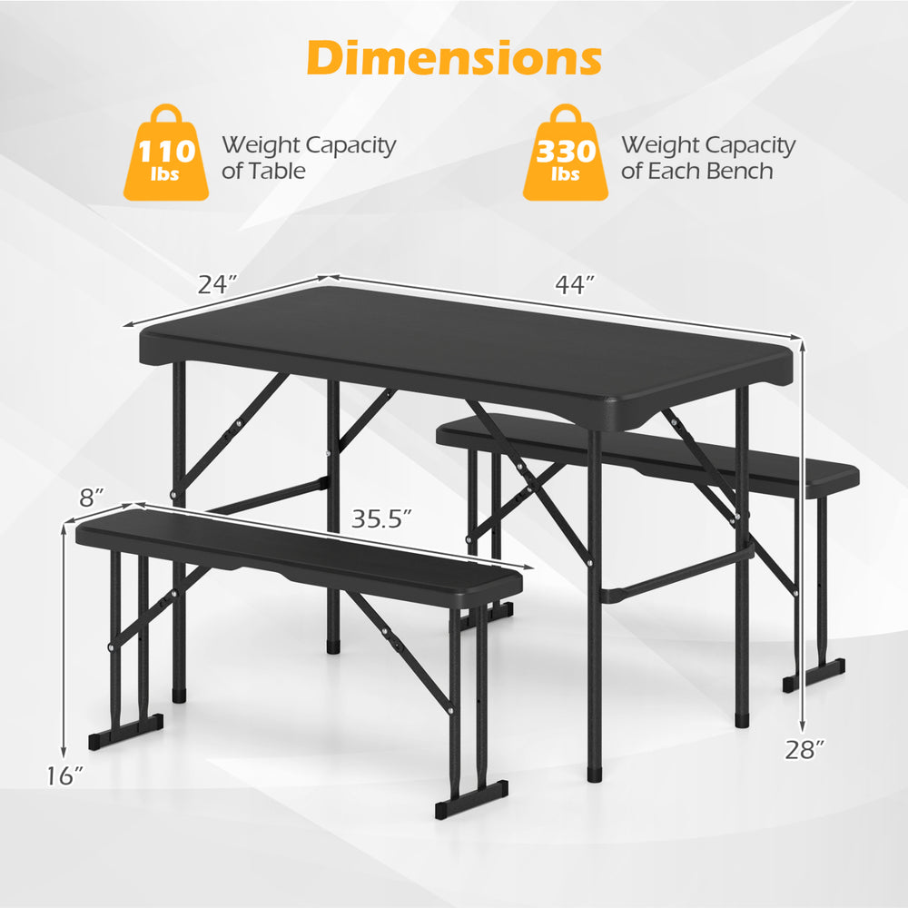 Outdoor folding table and bench set in black with weather-resistant HDPE, ideal for picnics and outdoor dining.