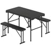 Outdoor folding table and bench set in black with weather-resistant HDPE surface, ideal for picnics and camping.