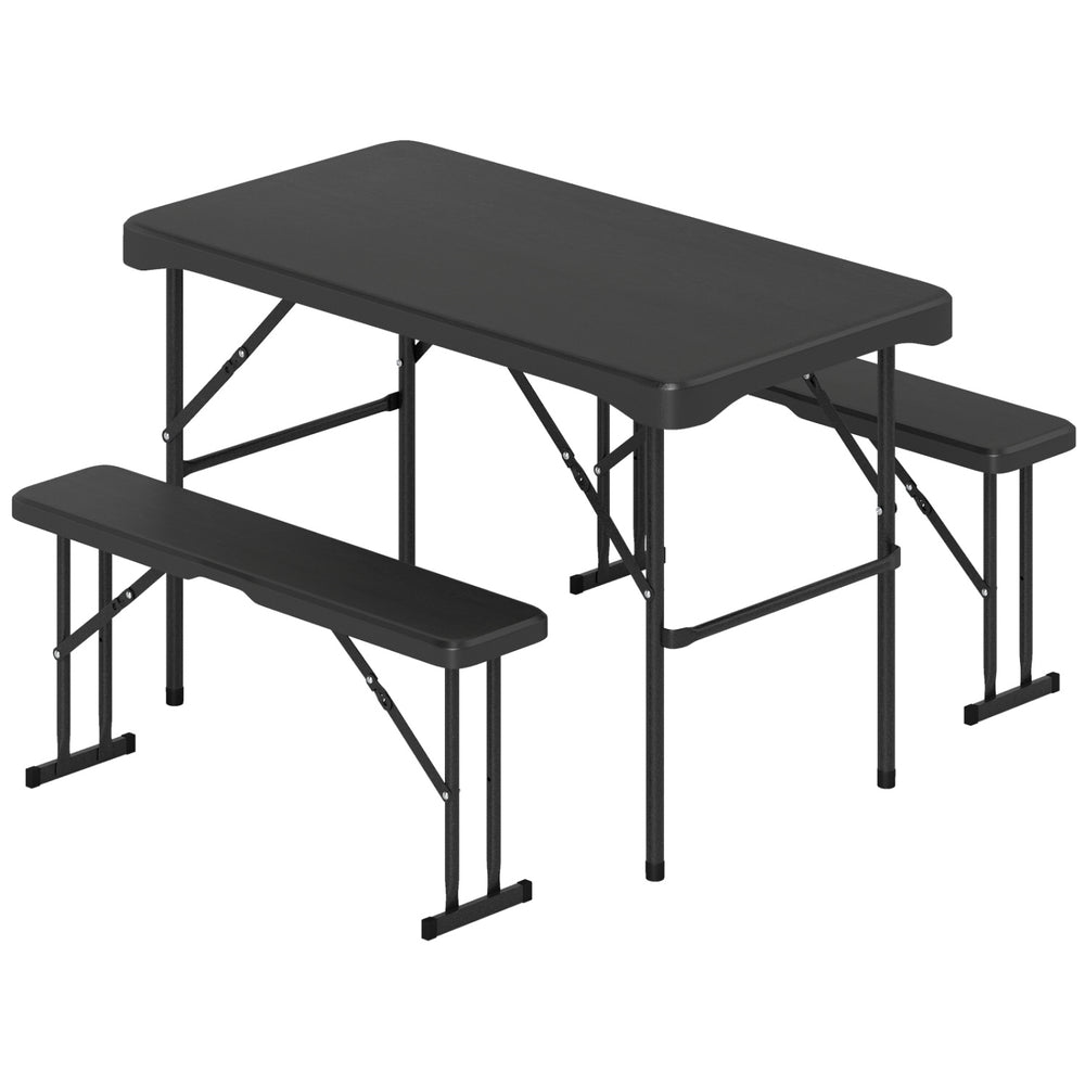 Outdoor folding table and bench set in black with weather-resistant HDPE surface, ideal for picnics and camping.