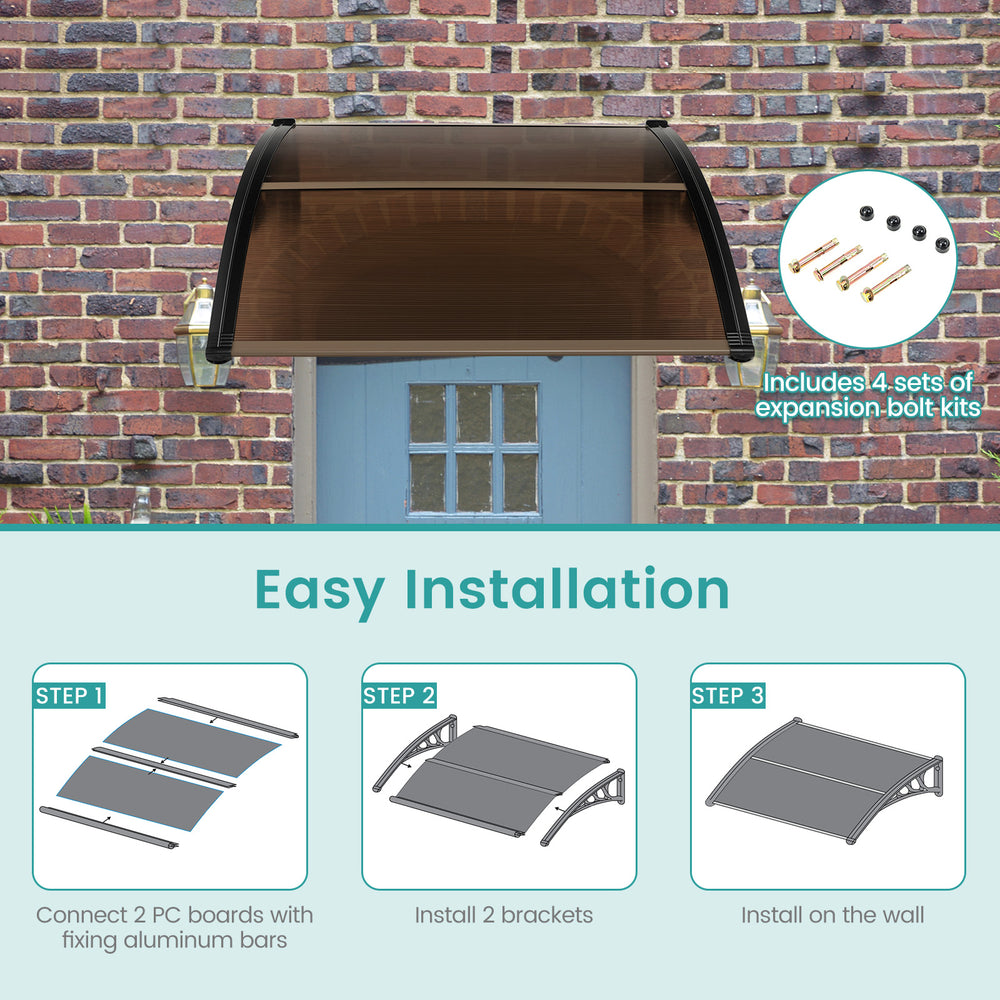 Outdoor front door patio awning with impact-resistant PC panels, 40 x 40 inch, for sunlight and rain protection.