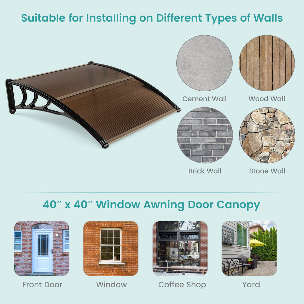 40" x 40" outdoor awning with impact-resistant PC panels, suitable for various wall types, protects against sun and.