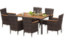 Outdoor furniture set featuring a brown rattan table and stackable chairs, perfect for patio dining and relaxation.