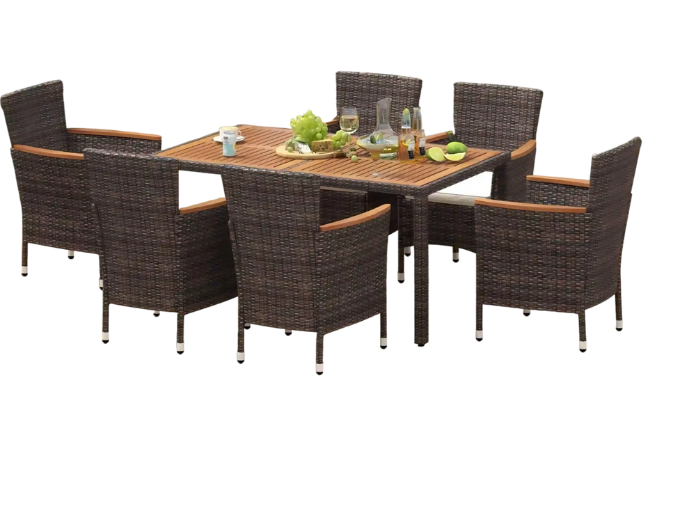 Outdoor furniture set featuring a brown rattan table and stackable chairs, perfect for patio dining and relaxation.