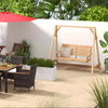 Acacia wood patio swing with adjustable design, surrounded by greenery, perfect for outdoor relaxation.